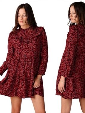 Zara Red Black Leopard Print Tiered Mini Dress Puff Sleeve Size Small